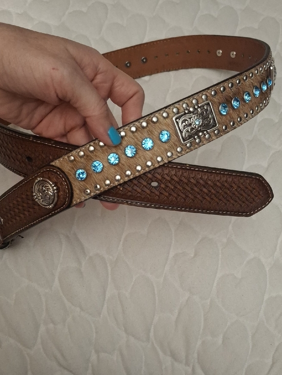 Nocona Belt Co Accessories - Brown Leather Belt with Turquoise Crystal Accents